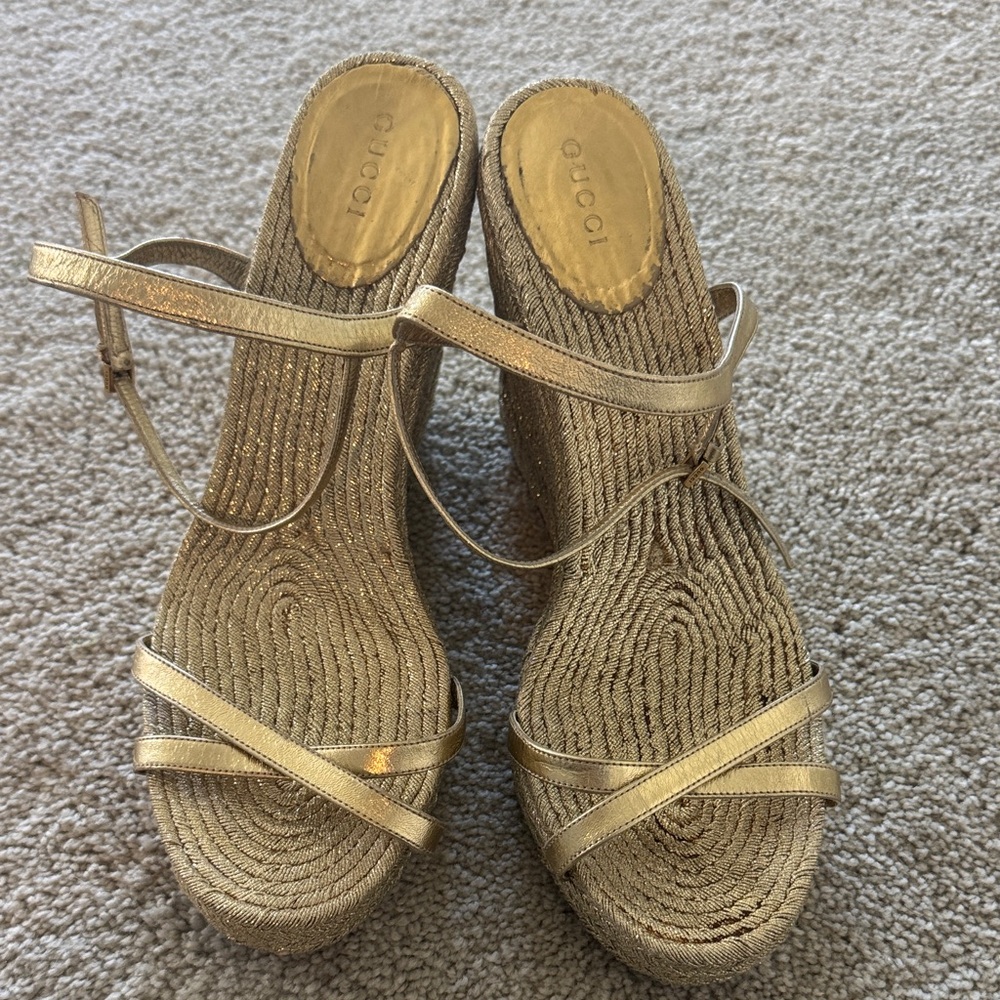 Gucci Gold Woven Wedge Sandals